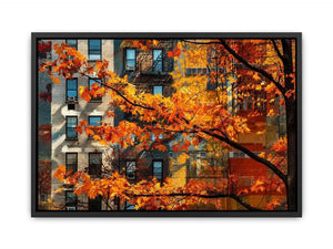 Modern autumn city wall art with vibrant orange leaves and layered urban architecture backdrop