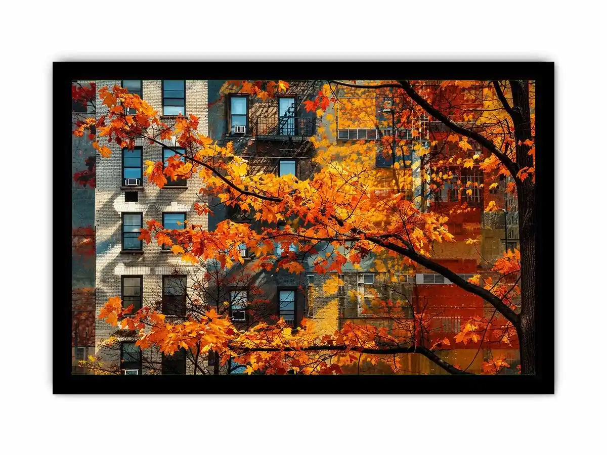 Modern autumn city wall art with vibrant orange leaves and layered urban architecture backdrop