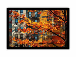 Modern autumn city wall art with vibrant orange leaves and layered urban architecture backdrop