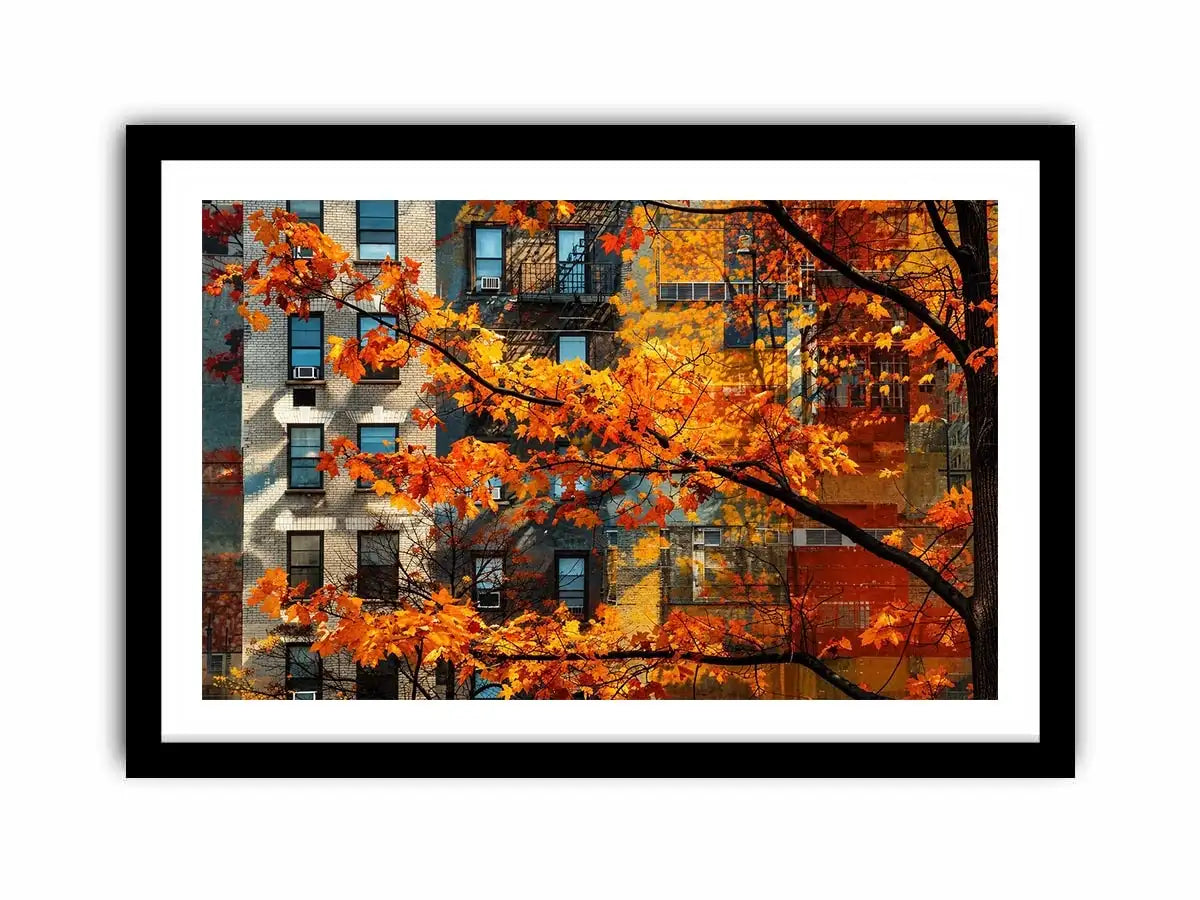 Modern autumn city wall art with vibrant orange leaves and layered urban architecture backdrop