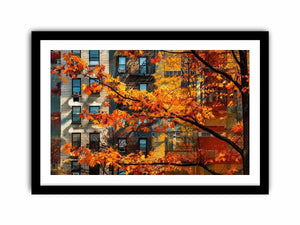 Modern autumn city wall art with vibrant orange leaves and layered urban architecture backdrop