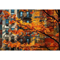 Modern autumn city wall art with vibrant orange leaves and layered urban architecture backdrop