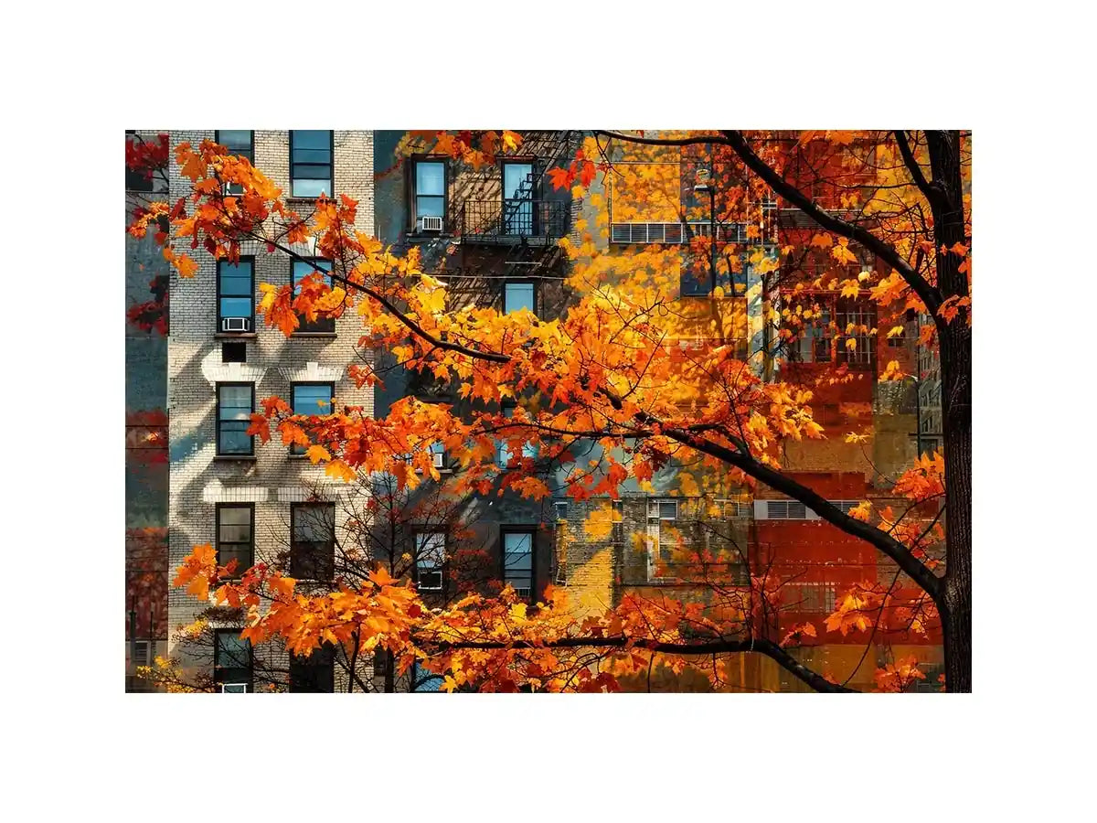 Modern autumn city wall art with vibrant orange leaves and layered urban architecture backdrop