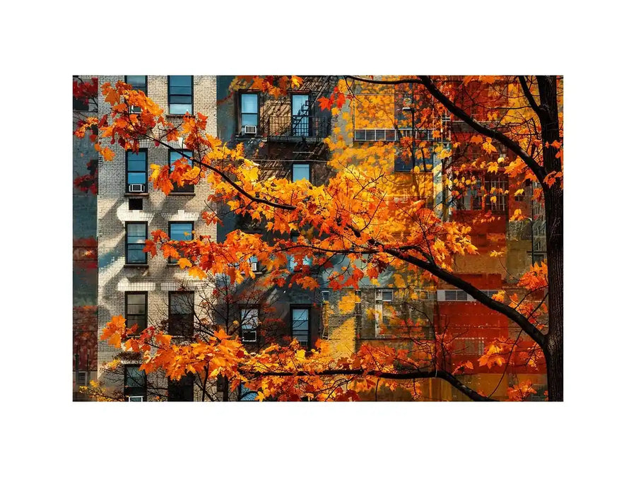Modern autumn city wall art with vibrant orange leaves and layered urban architecture backdrop