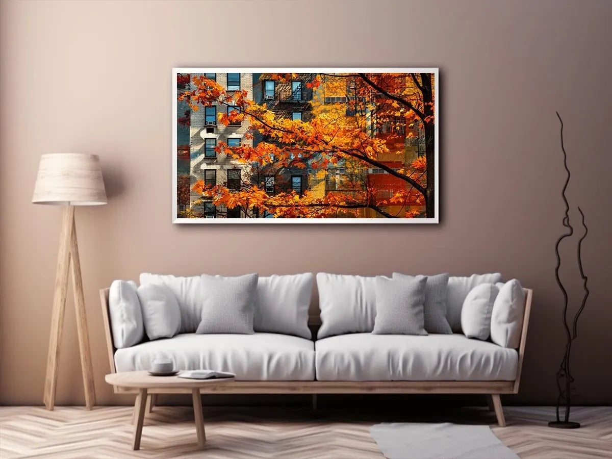 Modern autumn city wall art with vibrant orange leaves and layered urban architecture backdrop