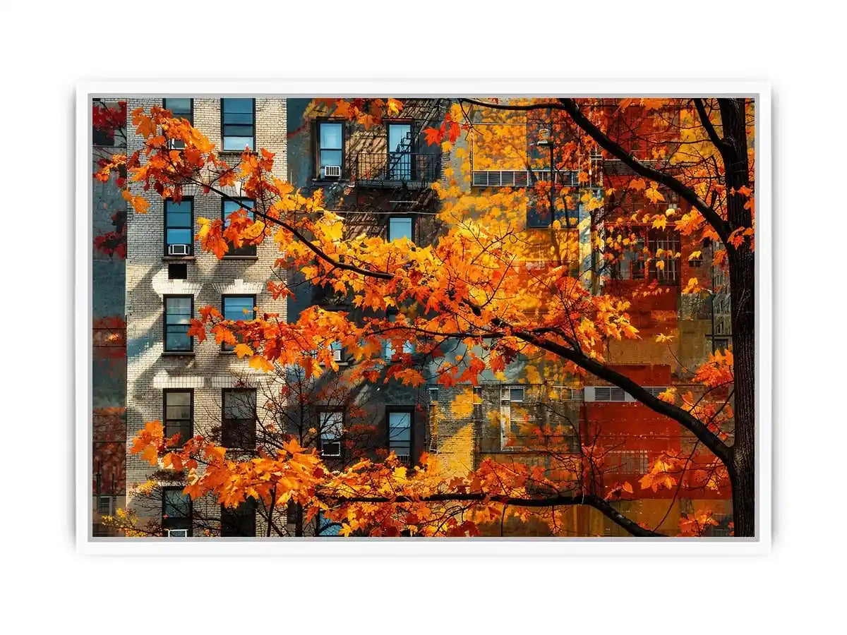 Modern autumn city wall art with vibrant orange leaves and layered urban architecture backdrop