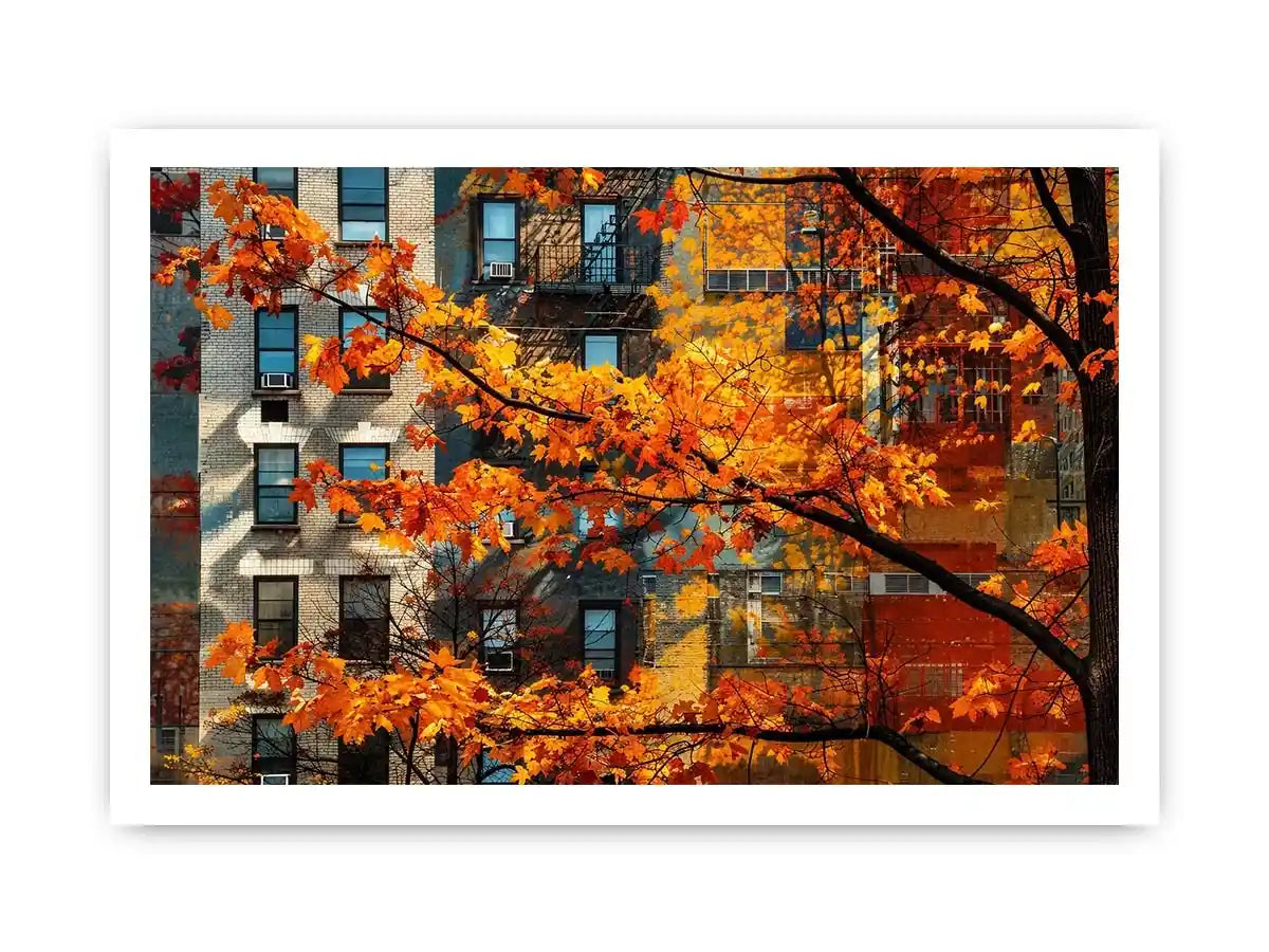 Modern autumn city wall art with vibrant orange leaves and layered urban architecture backdrop