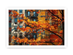 Modern autumn city wall art with vibrant orange leaves and layered urban architecture backdrop