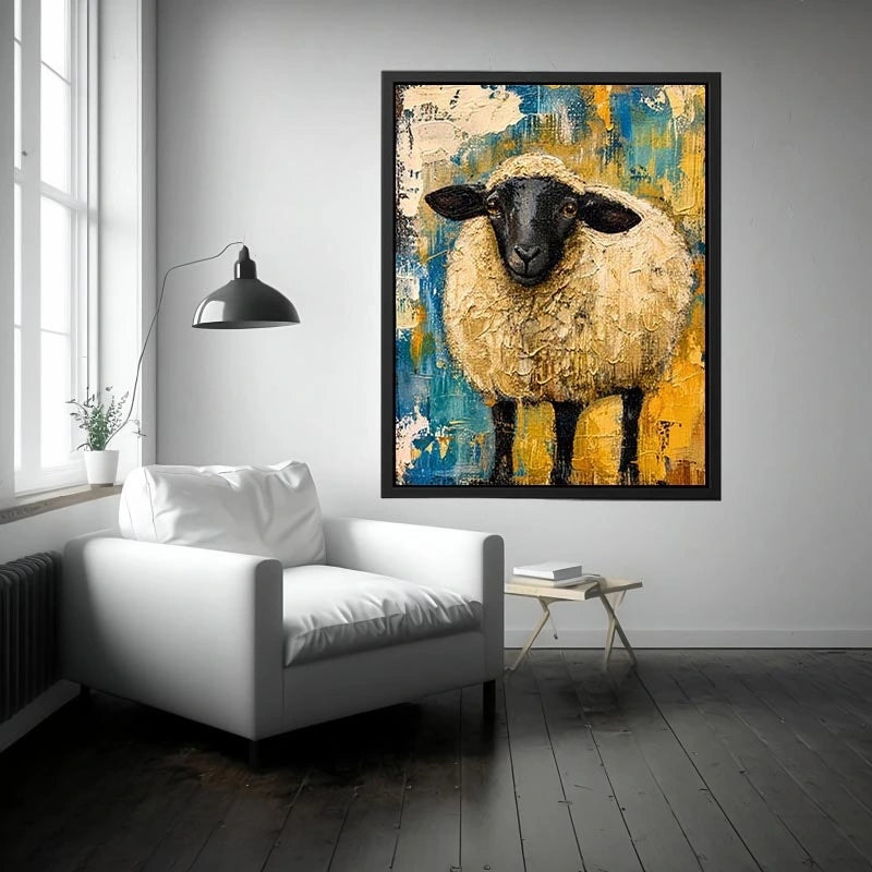 Abstract sheep wall art with textured farmhouse style and neutral rustic color palette