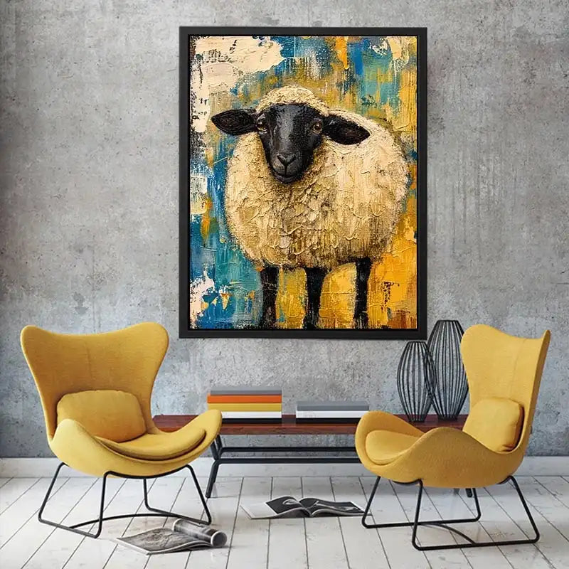 Abstract sheep wall art with textured farmhouse style and neutral rustic color palette
