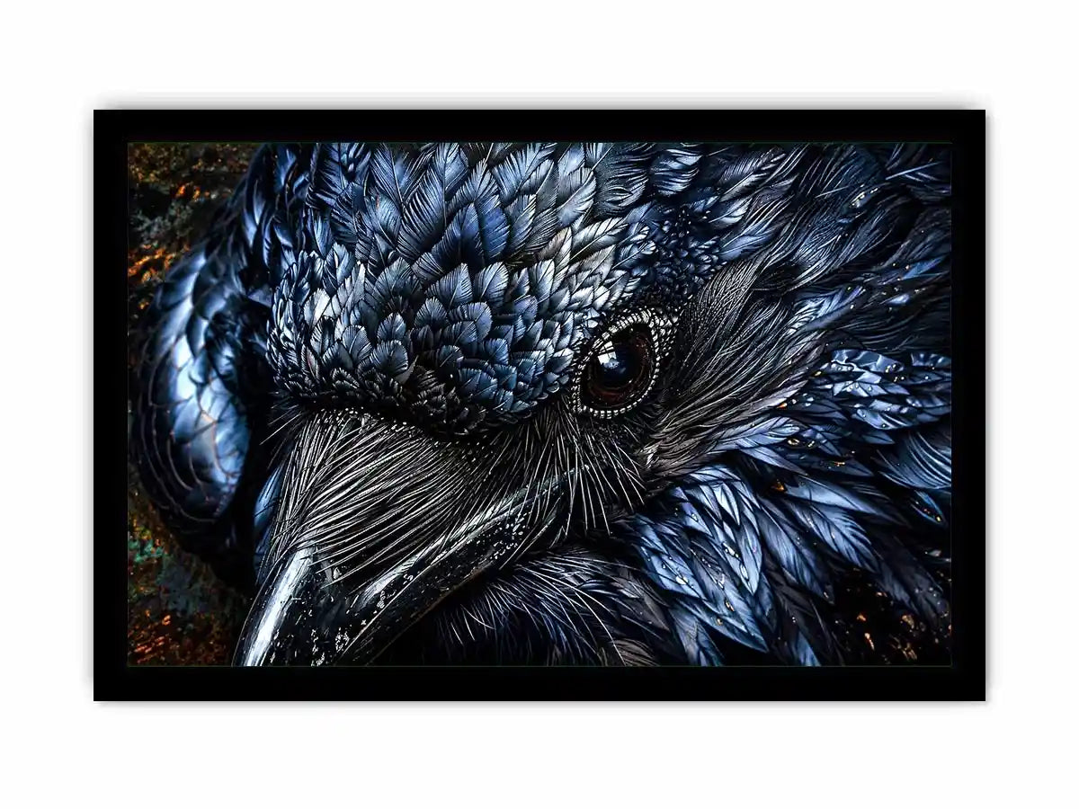 Dark raven wall art with intricate black feather textures and moody gothic atmosphere