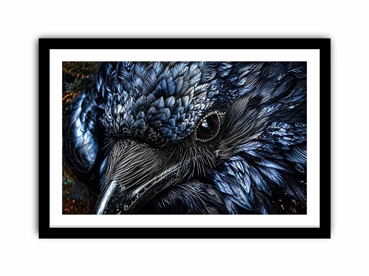 Dark raven wall art with intricate black feather textures and moody gothic atmosphere