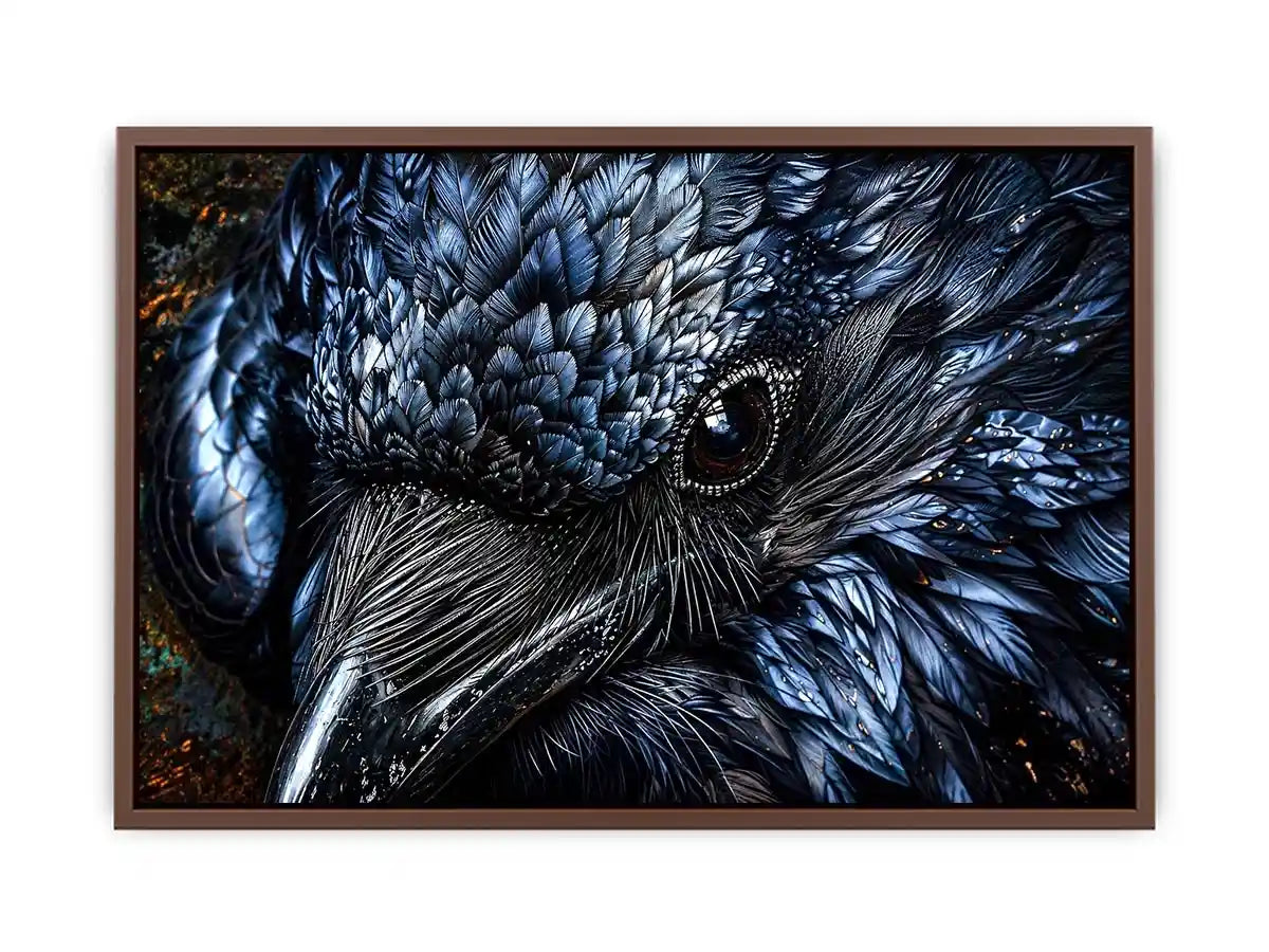 Dark raven wall art with intricate black feather textures and moody gothic atmosphere