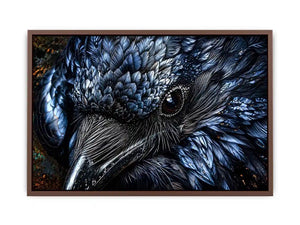Dark raven wall art with intricate black feather textures and moody gothic atmosphere