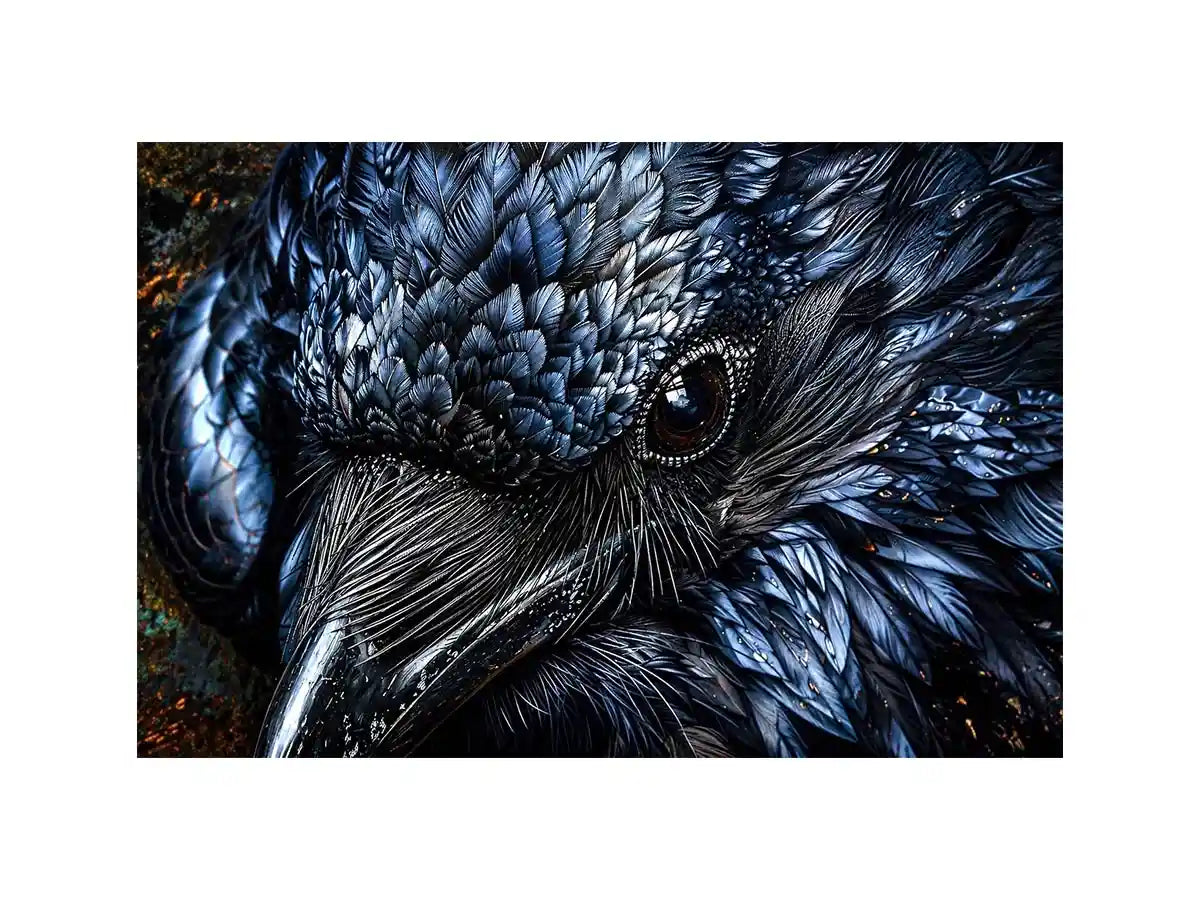 Dark raven wall art with intricate black feather textures and moody gothic atmosphere