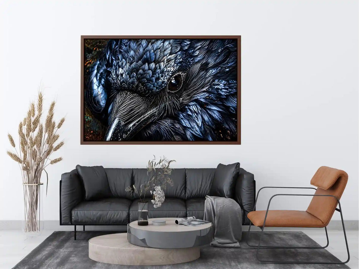 Dark raven wall art with intricate black feather textures and moody gothic atmosphere