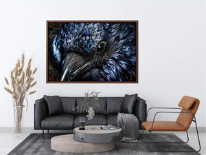 Dark raven wall art with intricate black feather textures and moody gothic atmosphere