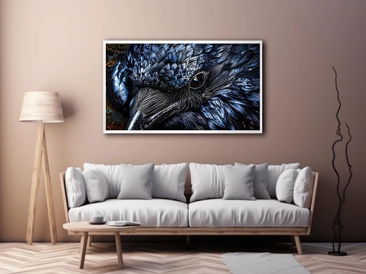 Dark raven wall art with intricate black feather textures and moody gothic atmosphere