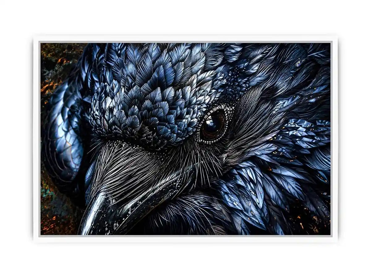 Dark raven wall art with intricate black feather textures and moody gothic atmosphere