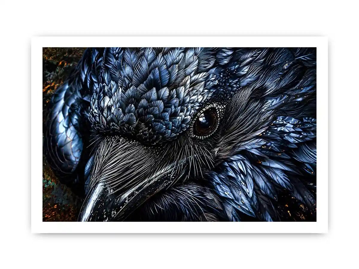 Dark raven wall art with intricate black feather textures and moody gothic atmosphere