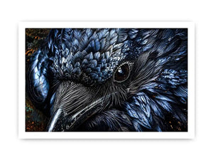 Dark raven wall art with intricate black feather textures and moody gothic atmosphere