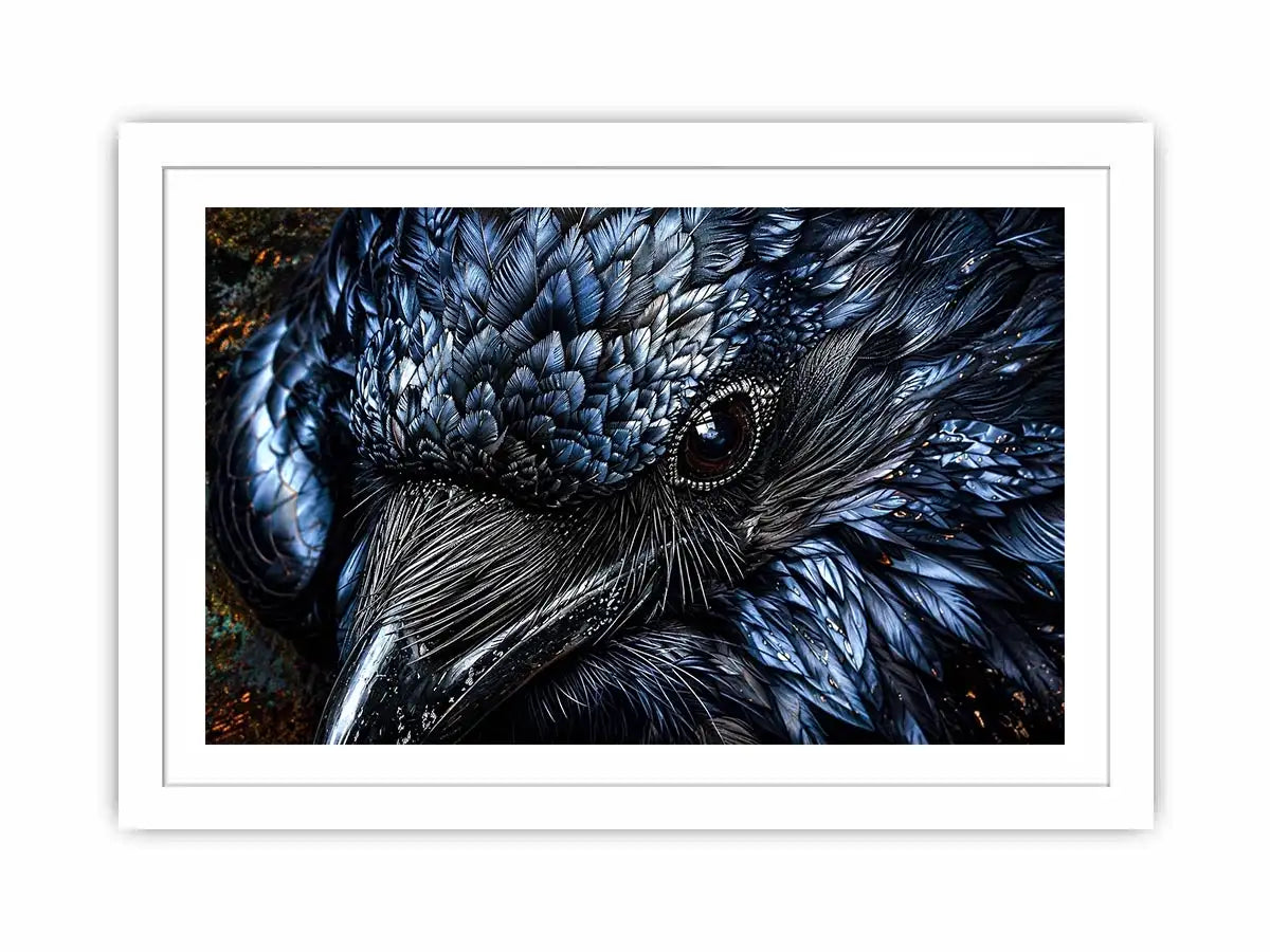 Dark raven wall art with intricate black feather textures and moody gothic atmosphere