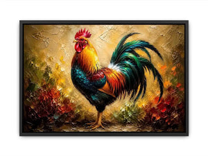 Colorful rooster wall art with vibrant feathers and rustic farmhouse painterly background