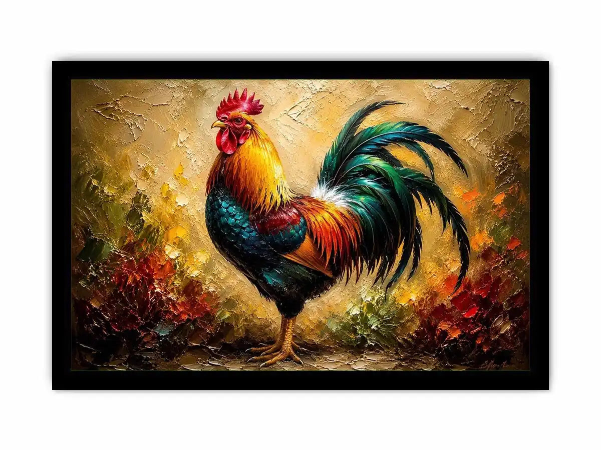 Colorful rooster wall art with vibrant feathers and rustic farmhouse painterly background