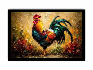 Colorful rooster wall art with vibrant feathers and rustic farmhouse painterly background