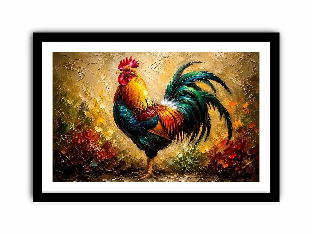Colorful rooster wall art with vibrant feathers and rustic farmhouse painterly background
