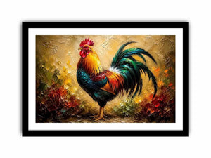 Colorful rooster wall art with vibrant feathers and rustic farmhouse painterly background