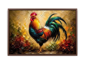 Colorful rooster wall art with vibrant feathers and rustic farmhouse painterly background