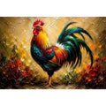 Colorful rooster wall art with vibrant feathers and rustic farmhouse painterly background