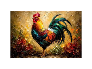 Colorful rooster wall art with vibrant feathers and rustic farmhouse painterly background