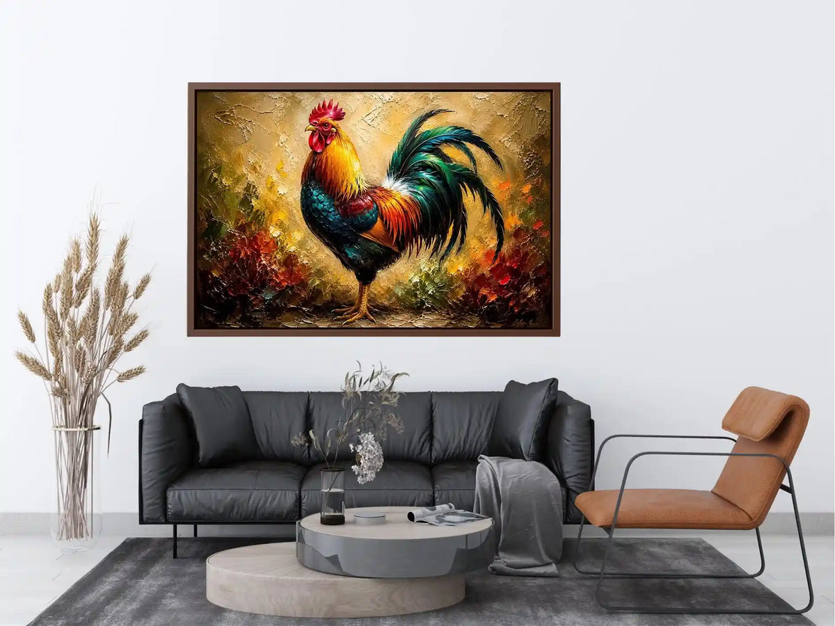 Colorful rooster wall art with vibrant feathers and rustic farmhouse painterly background