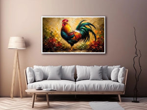 Colorful rooster wall art with vibrant feathers and rustic farmhouse painterly background