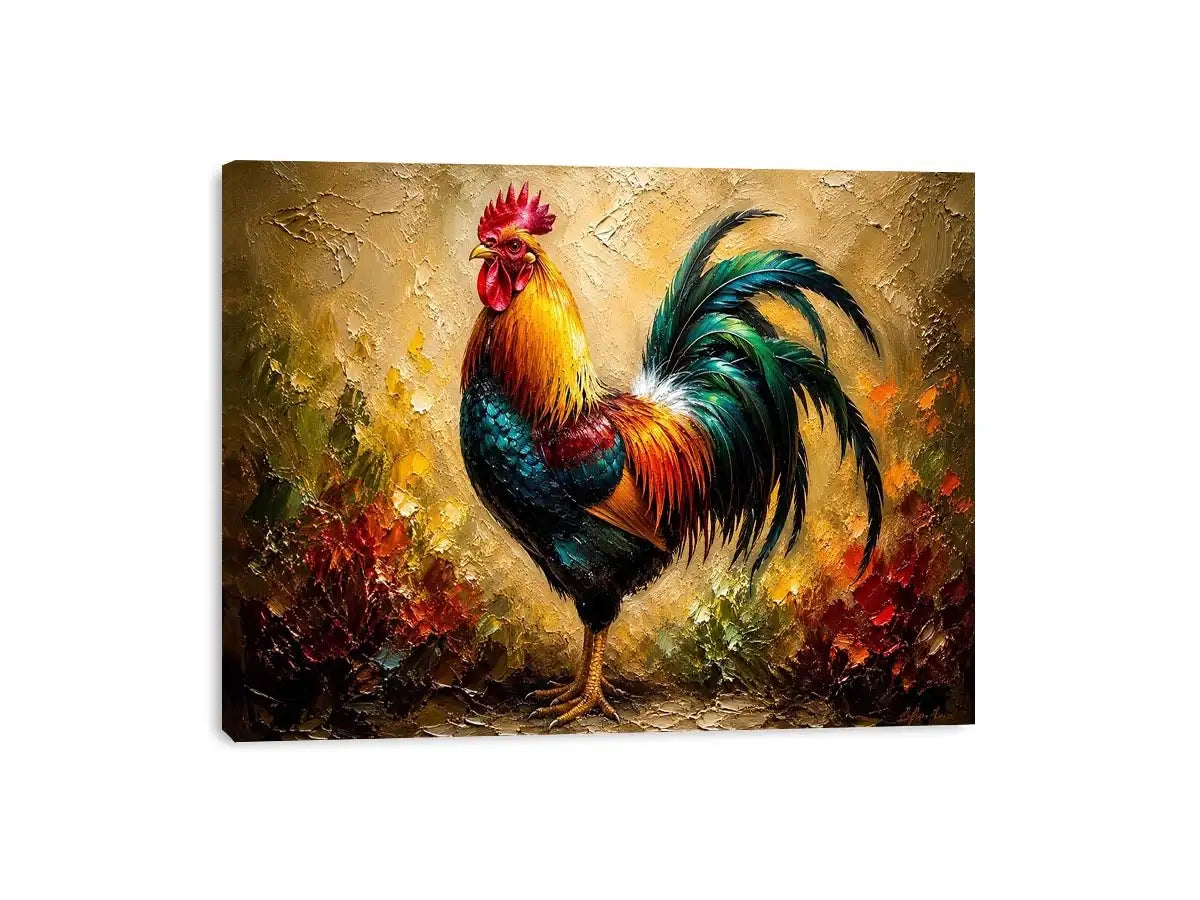 Colorful rooster wall art with vibrant feathers and rustic farmhouse painterly background