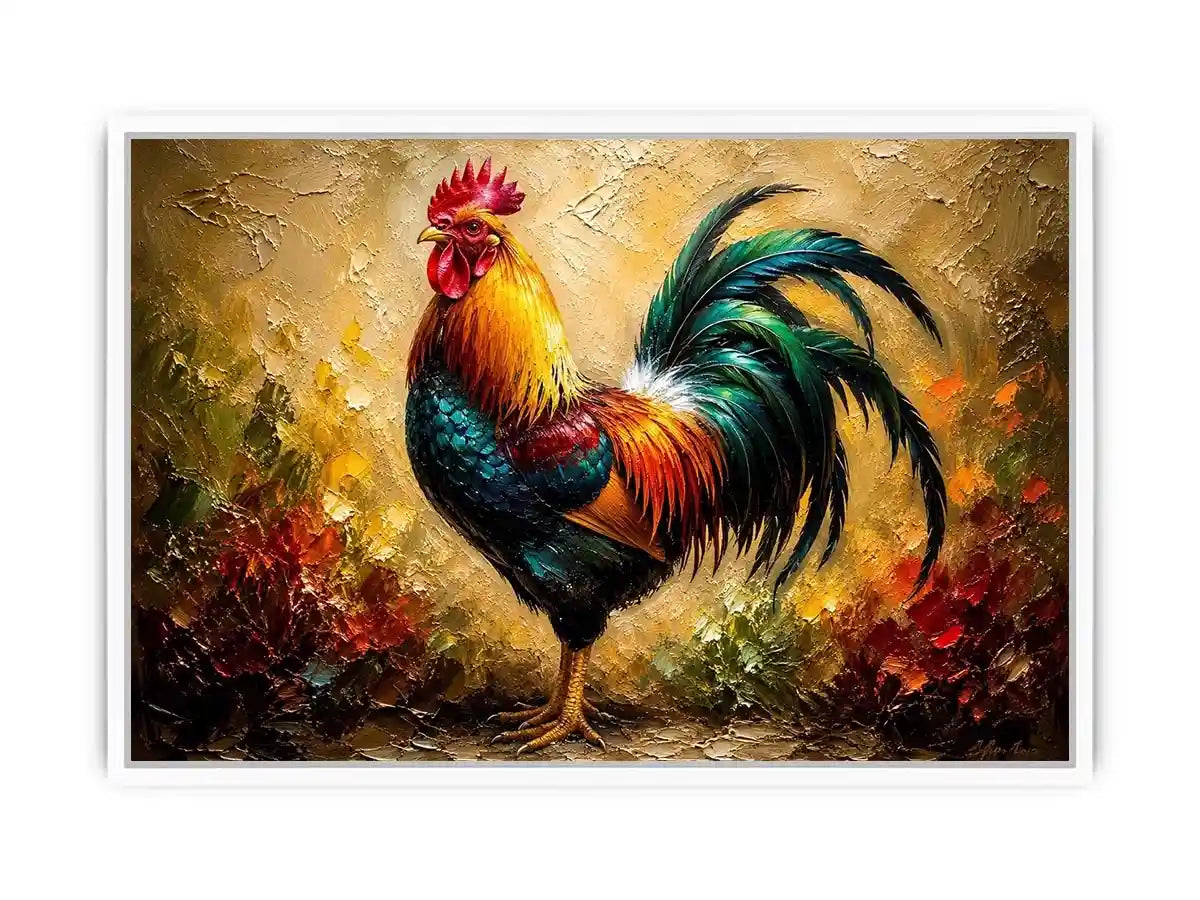 Colorful rooster wall art with vibrant feathers and rustic farmhouse painterly background