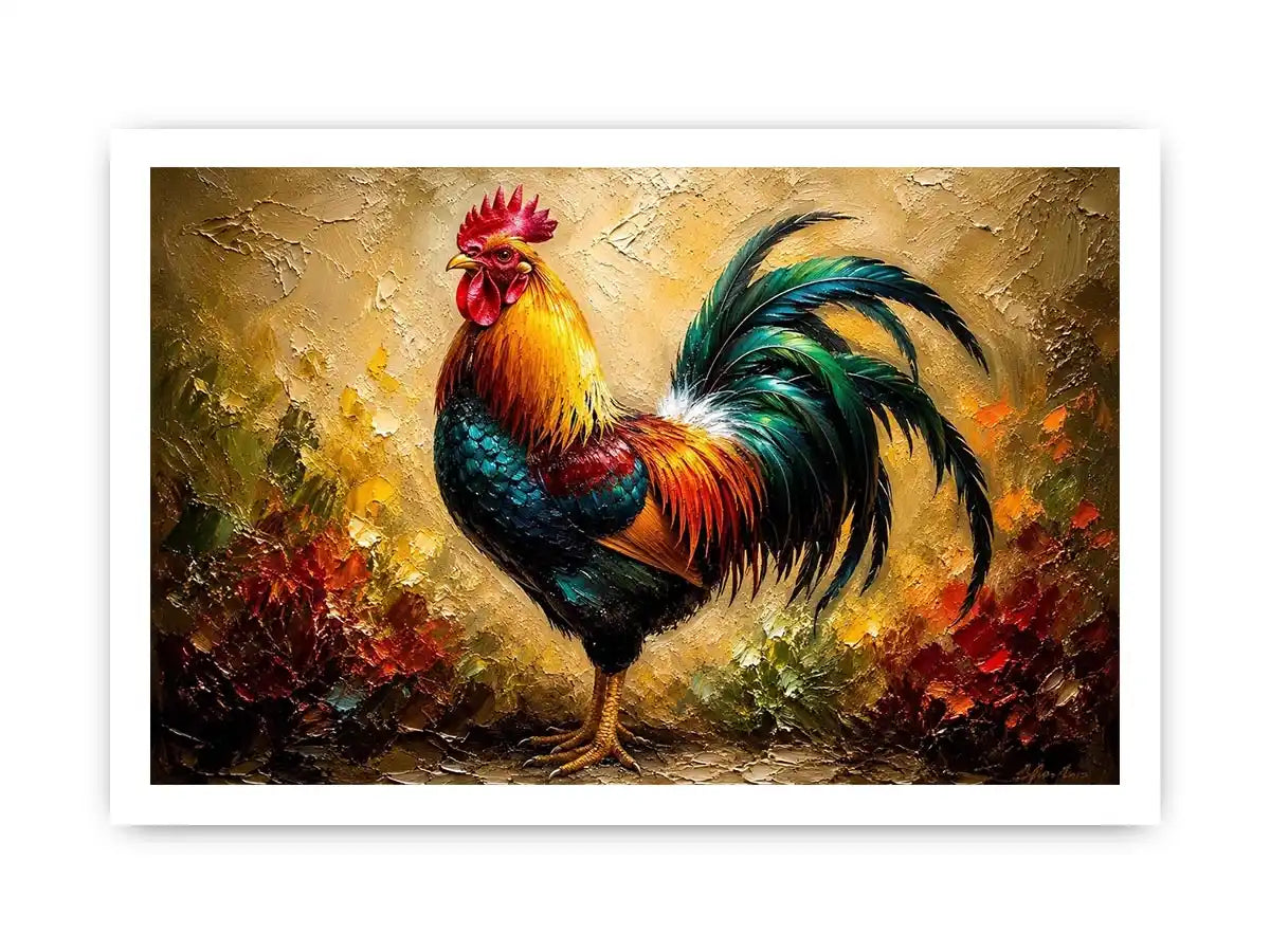 Colorful rooster wall art with vibrant feathers and rustic farmhouse painterly background