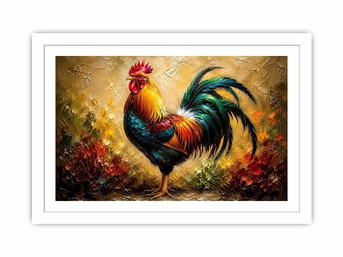 Colorful rooster wall art with vibrant feathers and rustic farmhouse painterly background