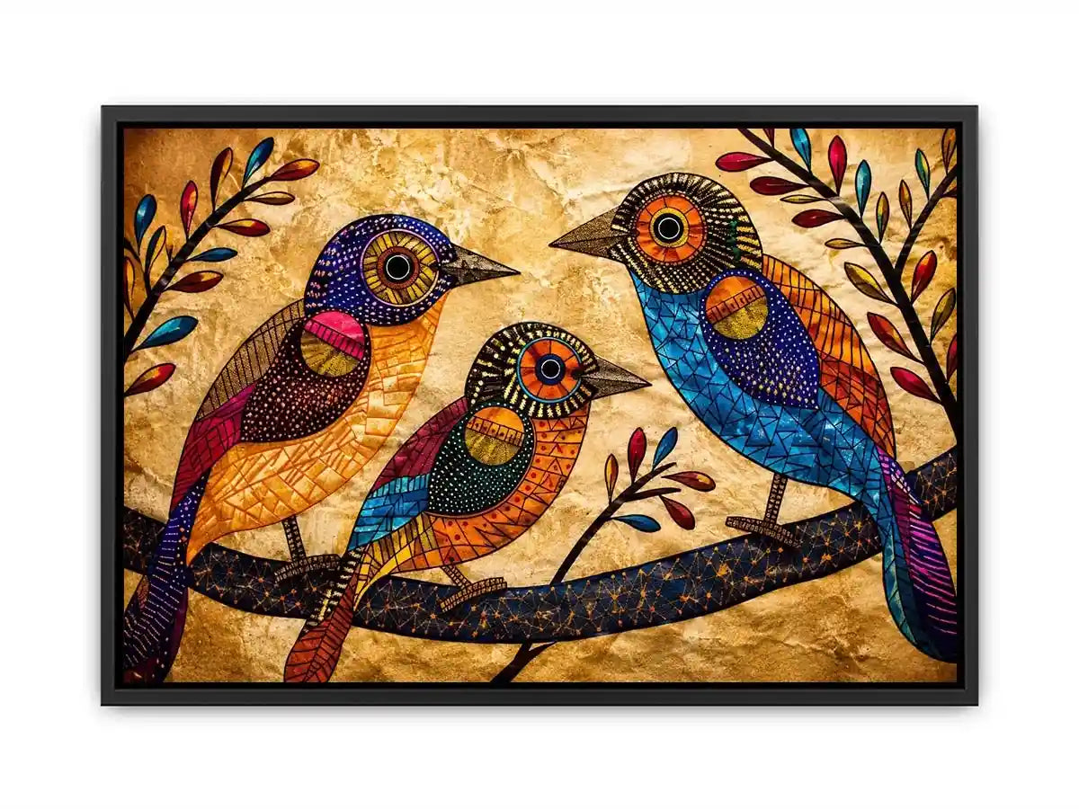 Colorful folk art bird wall art with geometric patterns and vibrant bohemian illustration style