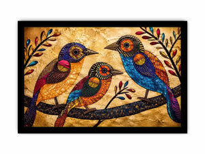 Colorful folk art bird wall art with geometric patterns and vibrant bohemian illustration style
