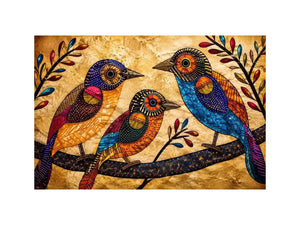 Colorful folk art bird wall art with geometric patterns and vibrant bohemian illustration style