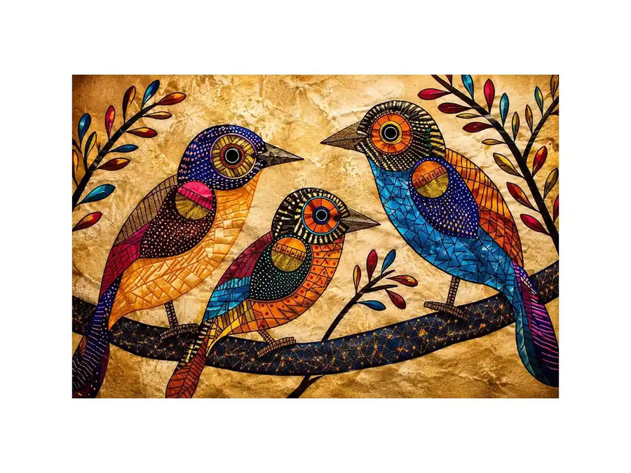 Colorful folk art bird wall art with geometric patterns and vibrant bohemian illustration style