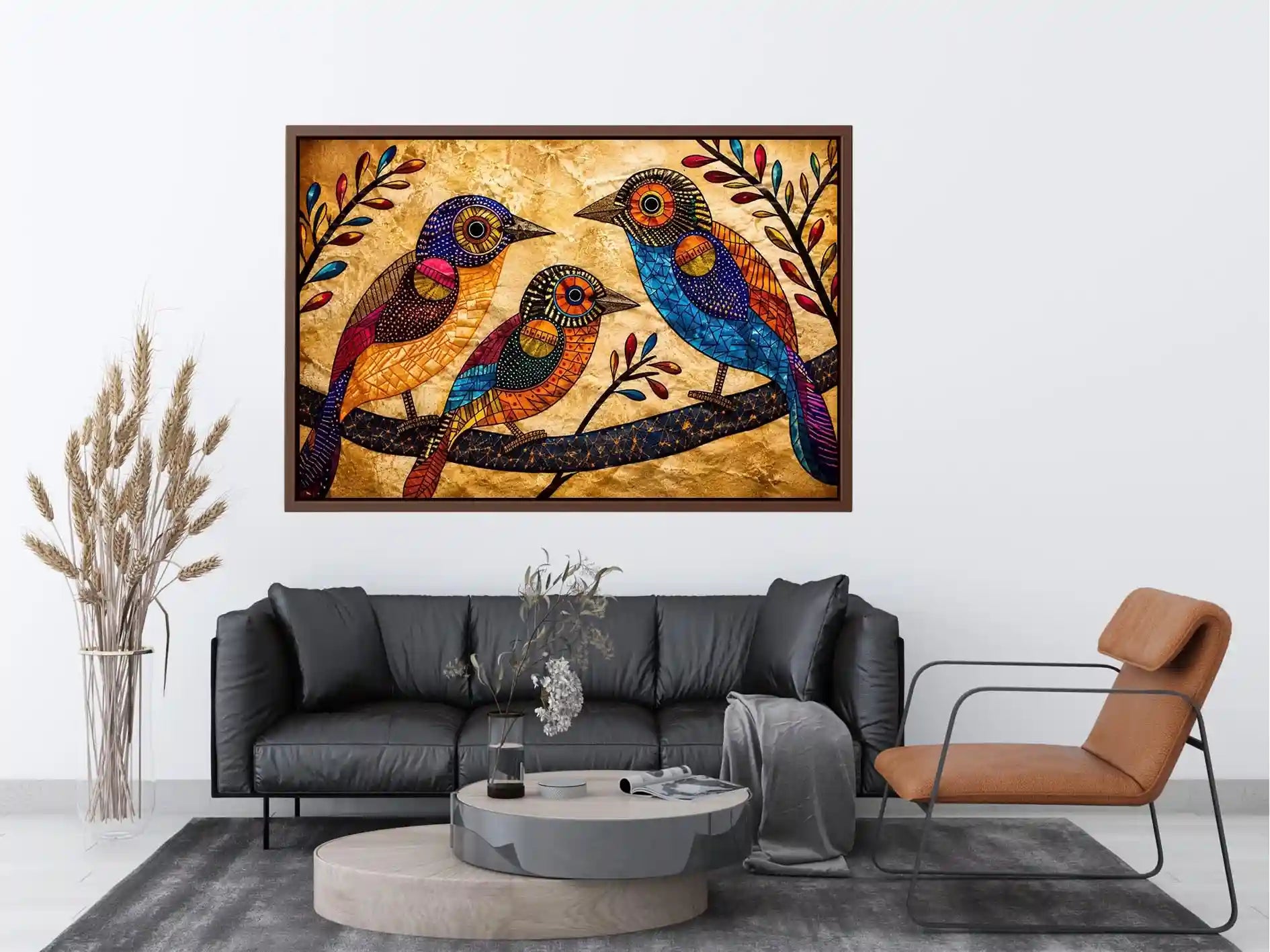 Colorful folk art bird wall art with geometric patterns and vibrant bohemian illustration style