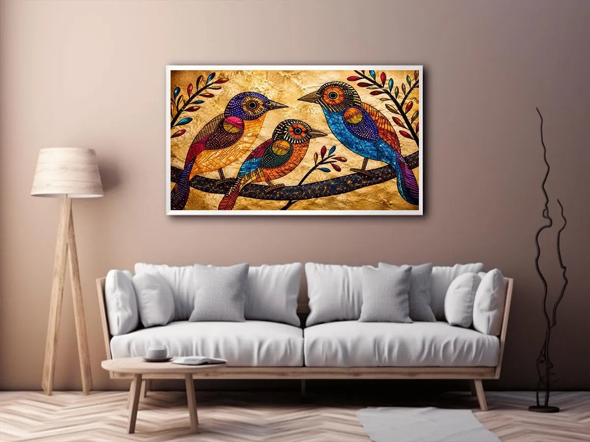 Colorful folk art bird wall art with geometric patterns and vibrant bohemian illustration style