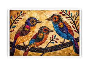 Colorful folk art bird wall art with geometric patterns and vibrant bohemian illustration style