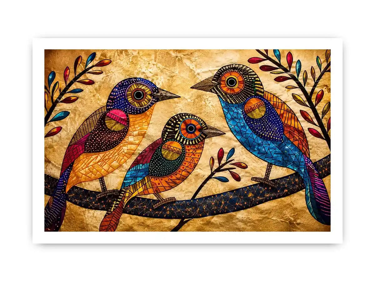 Colorful folk art bird wall art with geometric patterns and vibrant bohemian illustration style