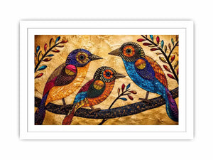Colorful folk art bird wall art with geometric patterns and vibrant bohemian illustration style