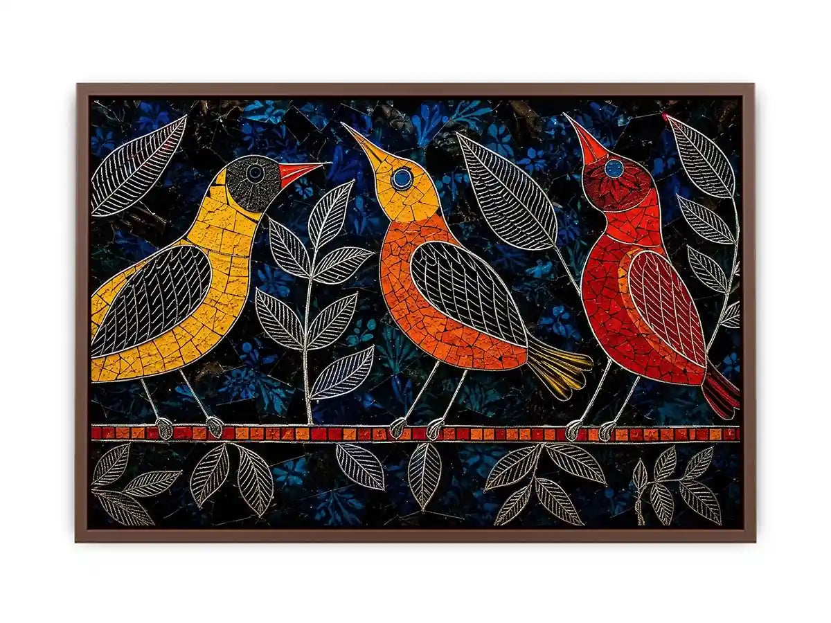 Vibrant modern mosaic bird wall art with colorful stained glass style design on dark blue textured background for luxury contemporary interiors